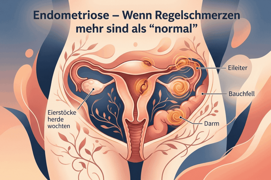 Medizinische Illustration des weiblichen Unterleibs mit Markierungen von Endometrioseherden an Eierstöcken, Eileitern, Bauchfell und Darm. Der Titel lautet: Endometriose – Wenn Regelschmerzen mehr sind als 'normal'.