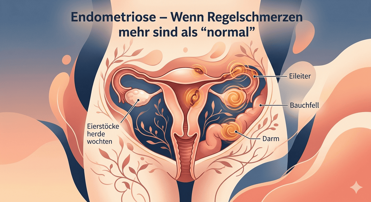IVOX IVF Nord Zypern Klinik 26 Medizinische Illustration des weiblichen Unterleibs mit Markierungen von Endometrioseherden an Eierstöcken, Eileitern, Bauchfell und Darm. Der Titel lautet: Endometriose – Wenn Regelschmerzen mehr sind als 'normal'.