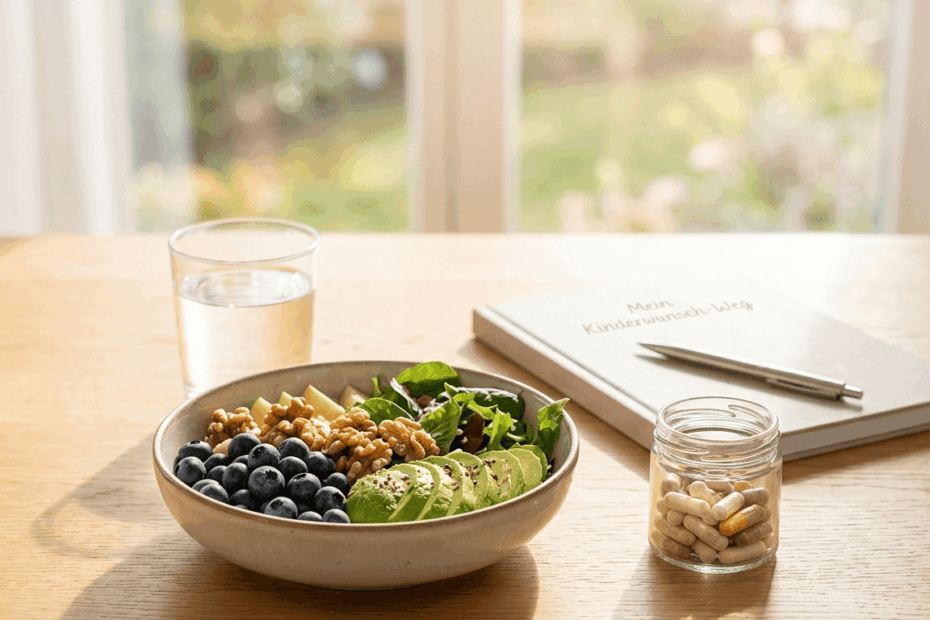 Nahaufnahme einer Schale mit Blaubeeren, Avocado und Nüssen neben Vitamin-Supplementen und einem Notizbuch auf einem Holztisch bei Sonnenlicht, Symbol für Eizellqualität.