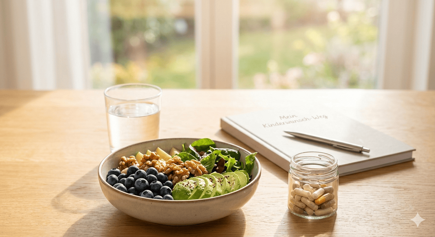 Nahaufnahme einer Schale mit Blaubeeren, Avocado und Nüssen neben Vitamin-Supplementen und einem Notizbuch auf einem Holztisch bei Sonnenlicht, Symbol für Eizellqualität.