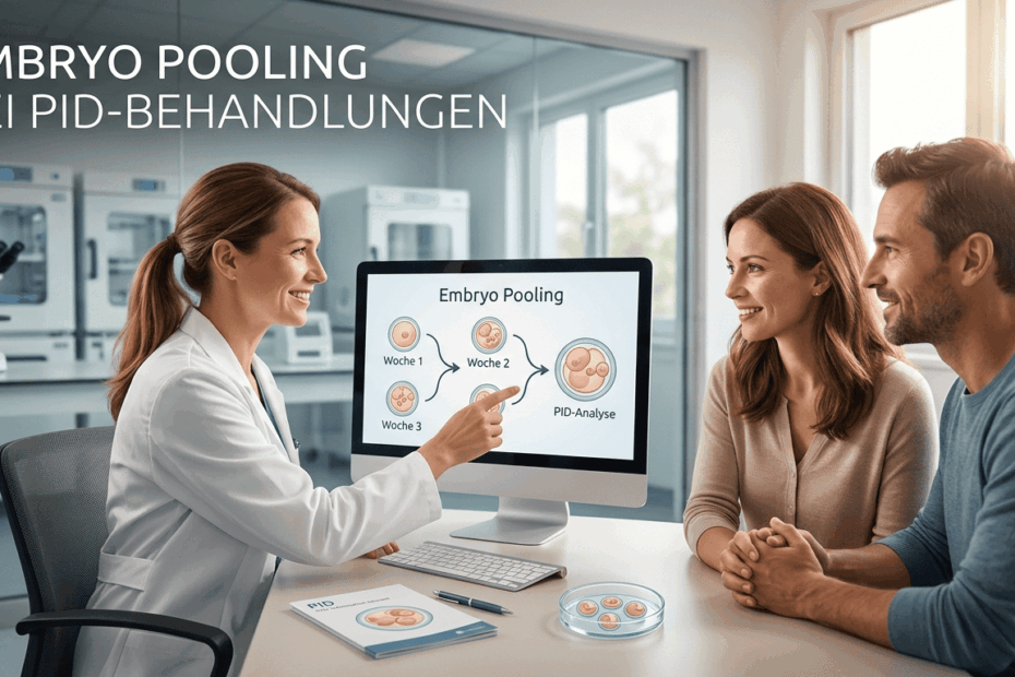 Eine Ärztin im weißen Kittel erklärt einem lächelnden Paar im Beratungsgespräch eine Infografik zum Embryo-Pooling auf einem Computermonitor. Der Monitor zeigt den Prozess von Woche 1 bis 3 bis zur PID-Analyse. Oben links steht der Text "EMBRYO POOLING BEI PID-BEHANDLUNGEN". Im Hintergrund ist ein modernes IVF-Labor mit Mikroskop zu sehen.