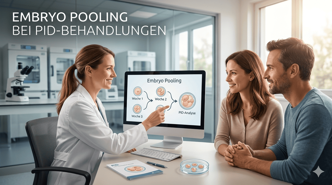 Eine Ärztin im weißen Kittel erklärt einem lächelnden Paar im Beratungsgespräch eine Infografik zum Embryo-Pooling auf einem Computermonitor. Der Monitor zeigt den Prozess von Woche 1 bis 3 bis zur PID-Analyse. Oben links steht der Text "EMBRYO POOLING BEI PID-BEHANDLUNGEN". Im Hintergrund ist ein modernes IVF-Labor mit Mikroskop zu sehen.