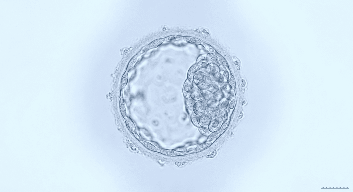 Eine Nahaufnahme einer gesunden, hell erleuchteten menschlichen Blastozyste am Tag 5 der Embryonalentwicklung unter einem Labormikroskop.